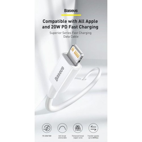 Кабель Baseus Superior Series USB Type-C to Lightning 20W 2m (CATLYS-C02) White купить в Украине: Киев, Днепр, Харьков, Одесса  | Низкая цена, отзывы, характеристики от TELEMART фото