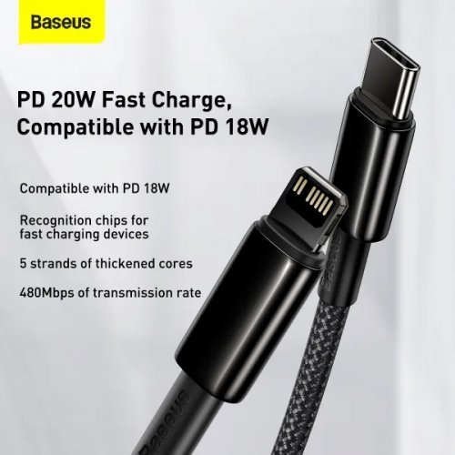 Кабель Baseus Tungsten Gold Series USB Type-C to Lightning 20W 2m (CATLWJ-A01) Black купити в Україні: Київ, Львів, Хмельницький, Тернопіль, Івано-Франківськ | Низька ціна, відгуки, характеристики від TELEMART фото