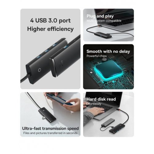 USB-хаб Baseus Lite Series USB Type-C 4 in 1 (WKQX030401) Black купить в Украине: Киев, Днепр, Харьков, Одесса  | Низкая цена, отзывы, характеристики от TELEMART фото