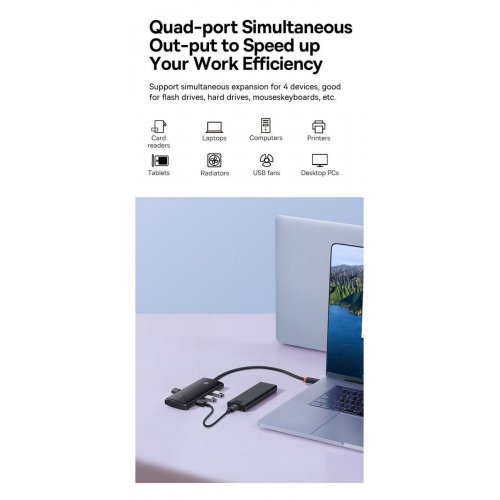 USB-хаб Baseus Lite Series USB Type-C 4 in 1 (WKQX030401) Black купить в Украине: Киев, Днепр, Харьков, Одесса  | Низкая цена, отзывы, характеристики от TELEMART фото
