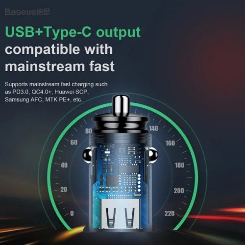 Автомобильное зарядное устройство Baseus Circular Plastic USB + USB Type-C 30W (CCALL-YS01) Black купить в Украине: Киев, Днепр, Харьков, Одесса  | Низкая цена, отзывы, характеристики от TELEMART фото