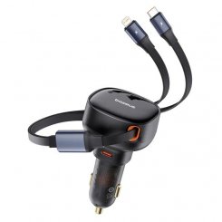 Автомобільний зарядний пристрій Baseus Enjoyment Pro USB Type-C with Retractable Cable USB Type-C + Lightning 60W (C00057802111-00) Black