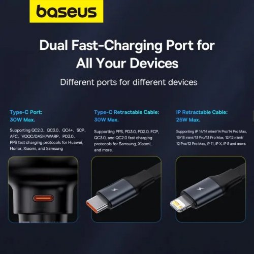 Автомобільний зарядний пристрій Baseus Enjoyment Pro USB Type-C with Retractable Cable USB Type-C + Lightning 60W (C00057802111-00) Black купити в Україні: Київ, Львів, Хмельницький, Тернопіль, Івано-Франківськ | Низька ціна, відгуки, характеристики від TELEMART фото