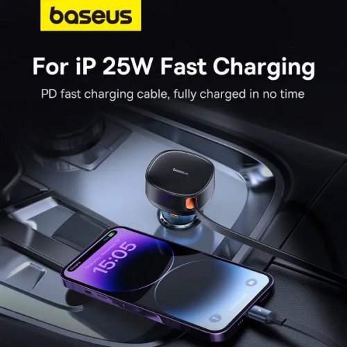 Автомобільний зарядний пристрій Baseus Enjoyment Pro USB Type-C with Retractable Cable USB Type-C + Lightning 60W (C00057802111-00) Black купити в Україні: Київ, Львів, Хмельницький, Тернопіль, Івано-Франківськ | Низька ціна, відгуки, характеристики від TELEMART фото