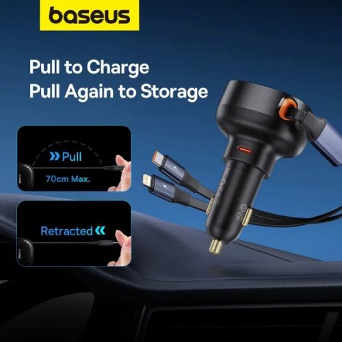 Автомобільний зарядний пристрій Baseus Enjoyment Pro USB Type-C with Retractable Cable USB Type-C + Lightning 60W (C00057802111-00) Black купити в Україні: Київ, Львів, Хмельницький, Тернопіль, Івано-Франківськ | Низька ціна, відгуки, характеристики від TELEMART фото