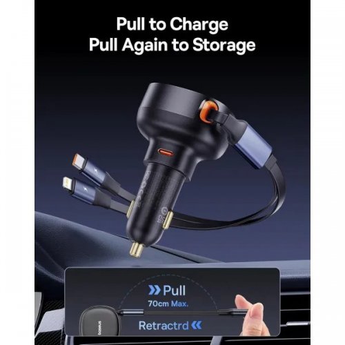 Автомобільний зарядний пристрій Baseus Enjoyment Pro USB Type-C with Retractable Cable USB Type-C + Lightning 60W (C00057802111-00) Black купити в Україні: Київ, Львів, Хмельницький, Тернопіль, Івано-Франківськ | Низька ціна, відгуки, характеристики від TELEMART фото