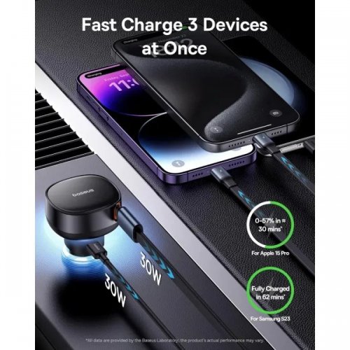 Автомобильное зарядное устройство Baseus Enjoyment Pro USB with Retractable Cable USB Type-C + Lightning 60W (C00057802111-02) Black купить в Украине: Киев, Днепр, Харьков, Одесса  | Низкая цена, отзывы, характеристики от TELEMART фото