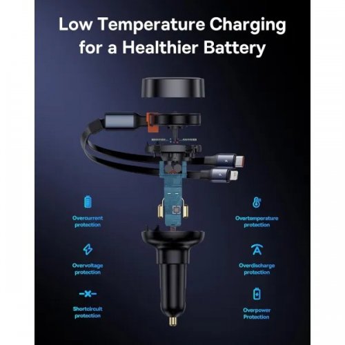 Автомобильное зарядное устройство Baseus Enjoyment Pro USB with Retractable Cable USB Type-C + Lightning 60W (C00057802111-02) Black купить в Украине: Киев, Днепр, Харьков, Одесса  | Низкая цена, отзывы, характеристики от TELEMART фото