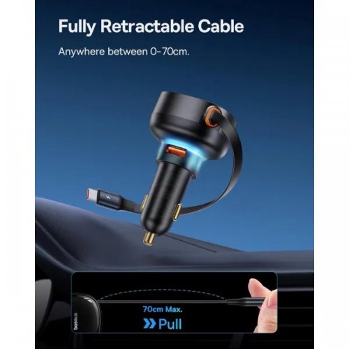 Автомобильное зарядное устройство Baseus Enjoyment Pro USB with Retractable Cable USB Type-C 60W (C00057800111-00) Black купить в Украине: Киев, Днепр, Харьков, Одесса  | Низкая цена, отзывы, характеристики от TELEMART фото
