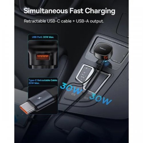 Автомобильное зарядное устройство Baseus Enjoyment Pro USB with Retractable Cable USB Type-C 60W (C00057800111-00) Black купить в Украине: Киев, Днепр, Харьков, Одесса  | Низкая цена, отзывы, характеристики от TELEMART фото