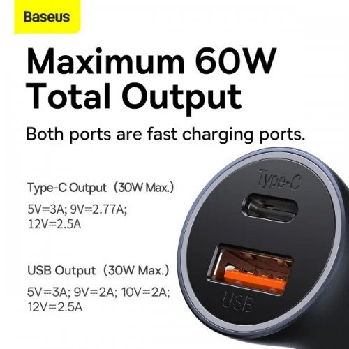 Автомобільний зарядний пристрій Baseus Golden Contactor Max USB + USB Type-C 60W (CGJM000113) Dark Gray купити в Україні: Київ, Львів, Хмельницький, Тернопіль, Івано-Франківськ | Низька ціна, відгуки, характеристики від TELEMART фото