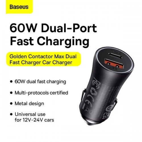 Автомобільний зарядний пристрій Baseus Golden Contactor Max USB + USB Type-C 60W (CGJM000113) Dark Gray купити в Україні: Київ, Львів, Хмельницький, Тернопіль, Івано-Франківськ | Низька ціна, відгуки, характеристики від TELEMART фото