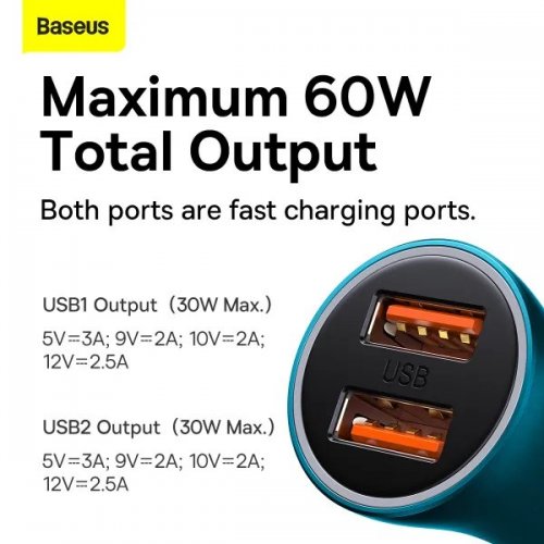 Автомобільний зарядний пристрій Baseus Golden Contactor Max 2 x USB 60W (CGJM000003) Blue купити в Україні: Київ, Львів, Хмельницький, Тернопіль, Івано-Франківськ | Низька ціна, відгуки, характеристики від TELEMART фото