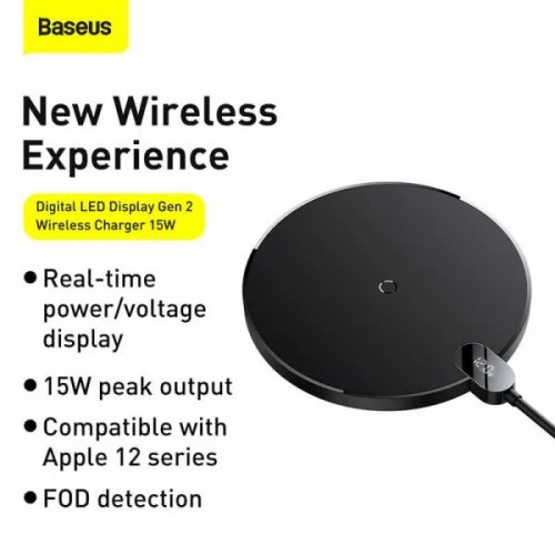 Бездротовий зарядний пристрій Baseus LED Display Gen 2 Wireless 15W (CCED000001) Black купити в Україні: Київ, Львів, Хмельницький, Тернопіль, Івано-Франківськ | Низька ціна, відгуки, характеристики від TELEMART фото
