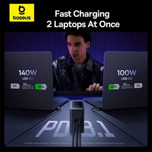 Сетевое зарядное устройство Baseus Digital GaN Intelligent Desktop USB + 3 x USB Type-C 240W (P10163901113-00) Black купить в Украине: Киев, Днепр, Харьков, Одесса  | Низкая цена, отзывы, характеристики от TELEMART фото