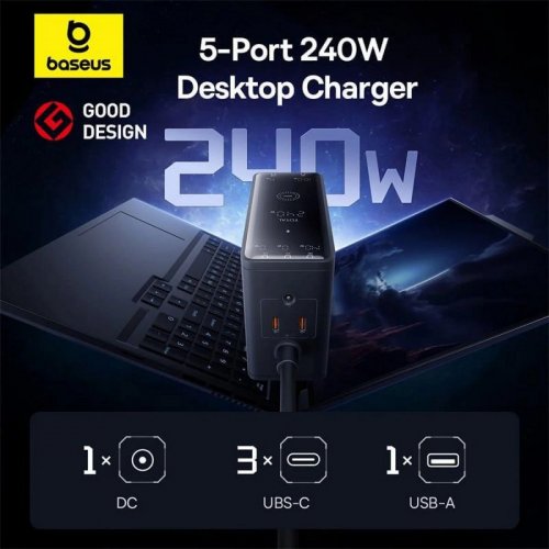 Сетевое зарядное устройство Baseus Digital GaN Intelligent Desktop USB + 3 x USB Type-C 240W (P10163901113-00) Black купить в Украине: Киев, Днепр, Харьков, Одесса  | Низкая цена, отзывы, характеристики от TELEMART фото