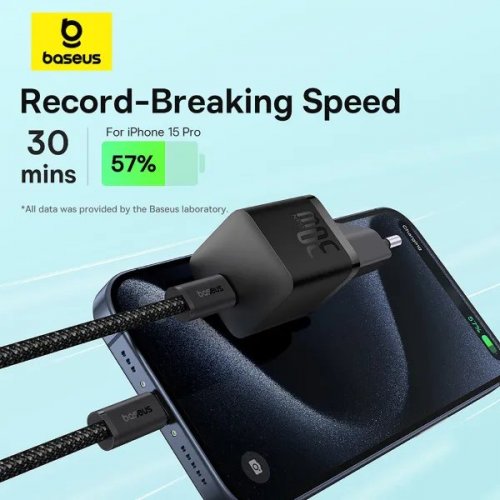 Сетевое зарядное устройство Baseus GaN5 Mini USB Type-C 30W + Cable USB Type-C to USB Type-C 100W 1m (P10110902113-00) Black купить в Украине: Киев, Днепр, Харьков, Одесса  | Низкая цена, отзывы, характеристики от TELEMART фото