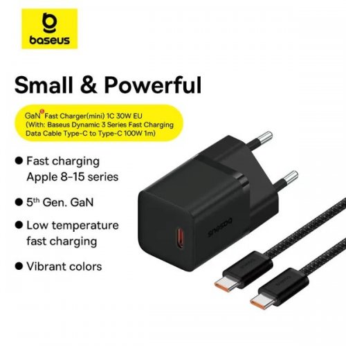 Сетевое зарядное устройство Baseus GaN5 Mini USB Type-C 30W + Cable USB Type-C to USB Type-C 100W 1m (P10110902113-00) Black купить в Украине: Киев, Днепр, Харьков, Одесса  | Низкая цена, отзывы, характеристики от TELEMART фото