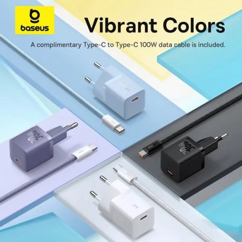 Сетевое зарядное устройство Baseus GaN5 Mini USB Type-C 30W + Cable USB Type-C to USB Type-C 100W 1m (P10110902113-00) Black купить в Украине: Киев, Днепр, Харьков, Одесса  | Низкая цена, отзывы, характеристики от TELEMART фото