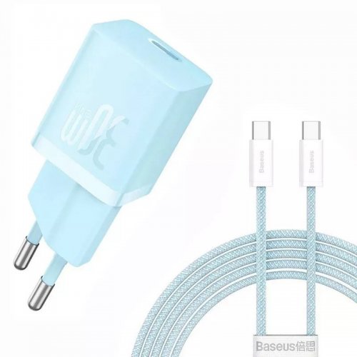 Сетевое зарядное устройство Baseus GaN5 Mini USB Type-C 30W + Cable USB Type-C to USB Type-C 100W 1m (P10110902313-00) Blue купить в Украине: Киев, Днепр, Харьков, Одесса  | Низкая цена, отзывы, характеристики от TELEMART фото