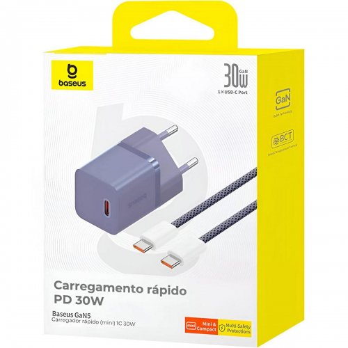 Сетевое зарядное устройство Baseus GaN5 Mini USB Type-C 30W + Cable USB Type-C to USB Type-C 100W 1m (P10110902523-00) Purple купить в Украине: Киев, Днепр, Харьков, Одесса  | Низкая цена, отзывы, характеристики от TELEMART фото