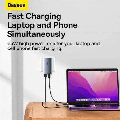 Мережевий зарядний пристрій Baseus GaN5 Pro Ultra-Slim USB + USB Type-C 65W + Cable USB Type-C to USB Type-C 100W 1m (CCGP150113) Grey купити в Україні: Київ, Львів, Хмельницький, Тернопіль, Івано-Франківськ | Низька ціна, відгуки, характеристики від TELEMART фото