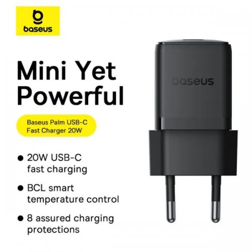 Мережевий зарядний пристрій Baseus Palm USB Type-C 20W (P10111602113-00) Black купити в Україні: Київ, Львів, Хмельницький, Тернопіль, Івано-Франківськ | Низька ціна, відгуки, характеристики від TELEMART фото