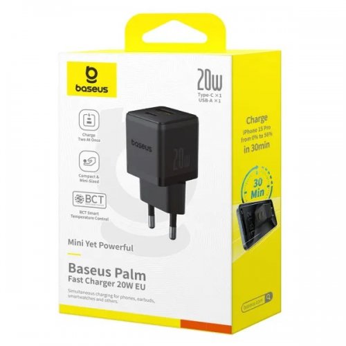 Сетевое зарядное устройство Baseus Palm USB + USB Type-C 20W (P10111608113-00) Black купить в Украине: Киев, Днепр, Харьков, Одесса  | Низкая цена, отзывы, характеристики от TELEMART фото