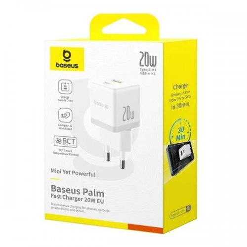 Сетевое зарядное устройство Baseus Palm USB + USB Type-C 20W (P10111608213-00) White купить в Украине: Киев, Днепр, Харьков, Одесса  | Низкая цена, отзывы, характеристики от TELEMART фото