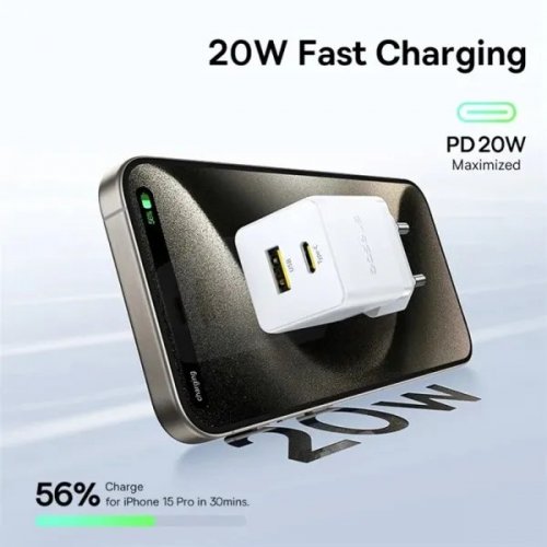 Сетевое зарядное устройство Baseus Palm USB + USB Type-C 20W (P10111608213-00) White купить в Украине: Киев, Днепр, Харьков, Одесса  | Низкая цена, отзывы, характеристики от TELEMART фото