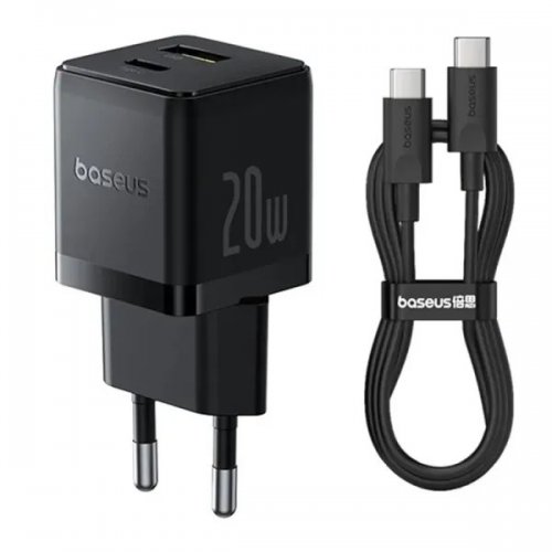 Сетевое зарядное устройство Baseus Palm USB + USB Type-C 20W + Cable USB Type-C to USB Type-C 60W 1m (P10111608113-01) Black купить в Украине: Киев, Днепр, Харьков, Одесса  | Низкая цена, отзывы, характеристики от TELEMART фото