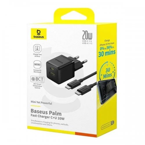 Сетевое зарядное устройство Baseus Palm USB + USB Type-C 20W + Cable USB Type-C to USB Type-C 60W 1m (P10111608113-01) Black купить в Украине: Киев, Днепр, Харьков, Одесса  | Низкая цена, отзывы, характеристики от TELEMART фото