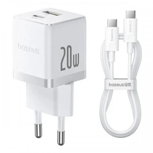 Сетевое зарядное устройство Baseus Palm USB + USB Type-C 20W + Cable USB Type-C to USB Type-C 60W 1m (P10111608213-01) White купить в Украине: Киев, Днепр, Харьков, Одесса  | Низкая цена, отзывы, характеристики от TELEMART фото