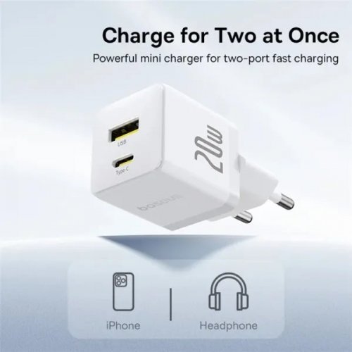 Сетевое зарядное устройство Baseus Palm USB + USB Type-C 20W + Cable USB Type-C to USB Type-C 60W 1m (P10111608213-01) White купить в Украине: Киев, Днепр, Харьков, Одесса  | Низкая цена, отзывы, характеристики от TELEMART фото
