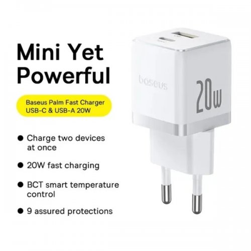 Сетевое зарядное устройство Baseus Palm USB + USB Type-C 20W + Cable USB Type-C to USB Type-C 60W 1m (P10111608213-01) White купить в Украине: Киев, Днепр, Харьков, Одесса  | Низкая цена, отзывы, характеристики от TELEMART фото