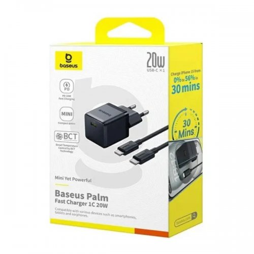 Сетевое зарядное устройство Baseus Palm USB Type-C 20W + Cable USB Type-C to USB Type-C 60W 1m (P10111602113-01) Black купить в Украине: Киев, Днепр, Харьков, Одесса  | Низкая цена, отзывы, характеристики от TELEMART фото