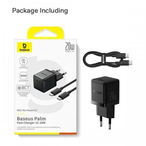 Сетевое зарядное устройство Baseus Palm USB Type-C 20W + Cable USB Type-C to USB Type-C 60W 1m (P10111602113-01) Black купить в Украине: Киев, Днепр, Харьков, Одесса  | Низкая цена, отзывы, характеристики от TELEMART фото