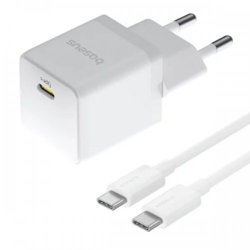 Сетевое зарядное устройство Baseus Palm USB Type-C 20W + Cable USB Type-C to USB Type-C 60W 1m (P10111602213-01) White купить в Украине: Киев, Днепр, Харьков, Одесса  | Низкая цена, отзывы, характеристики от TELEMART фото