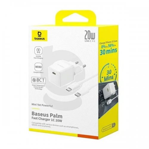 Сетевое зарядное устройство Baseus Palm USB Type-C 20W + Cable USB Type-C to USB Type-C 60W 1m (P10111602213-01) White купить в Украине: Киев, Днепр, Харьков, Одесса  | Низкая цена, отзывы, характеристики от TELEMART фото