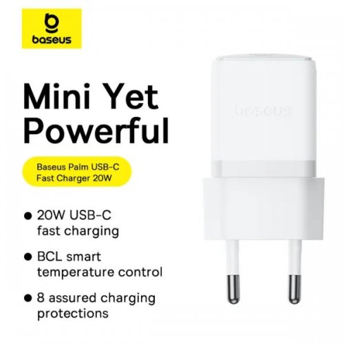 Сетевое зарядное устройство Baseus Palm USB Type-C 20W + Cable USB Type-C to USB Type-C 60W 1m (P10111602213-01) White купить в Украине: Киев, Днепр, Харьков, Одесса  | Низкая цена, отзывы, характеристики от TELEMART фото