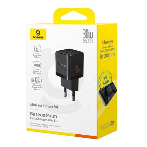 Сетевое зарядное устройство Baseus Palm USB + USB Type-C 30W (P1011160A113-00) Black купить в Украине: Киев, Днепр, Харьков, Одесса  | Низкая цена, отзывы, характеристики от TELEMART фото