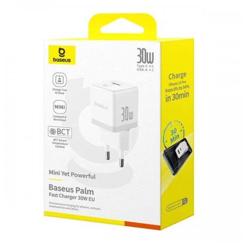 Сетевое зарядное устройство Baseus Palm USB + USB Type-C 30W (P1011160A213-00) White купить в Украине: Киев, Днепр, Харьков, Одесса  | Низкая цена, отзывы, характеристики от TELEMART фото