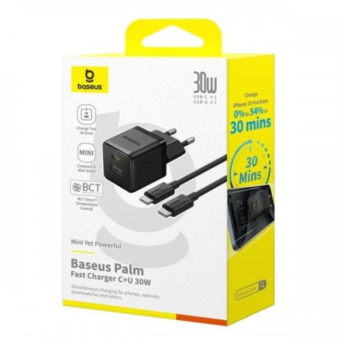 Сетевое зарядное устройство Baseus Palm USB + USB Type-C 30W + Cable USB Type-C to USB Type-C 60W 1m (P1011160A113-01) Black купить в Украине: Киев, Днепр, Харьков, Одесса  | Низкая цена, отзывы, характеристики от TELEMART фото