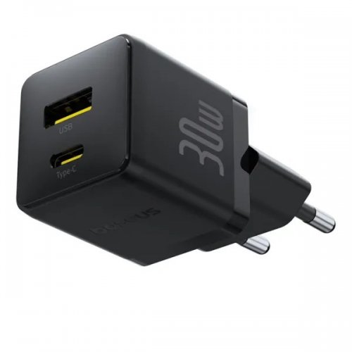 Сетевое зарядное устройство Baseus Palm USB + USB Type-C 30W + Cable USB Type-C to USB Type-C 60W 1m (P1011160A113-01) Black купить в Украине: Киев, Днепр, Харьков, Одесса  | Низкая цена, отзывы, характеристики от TELEMART фото