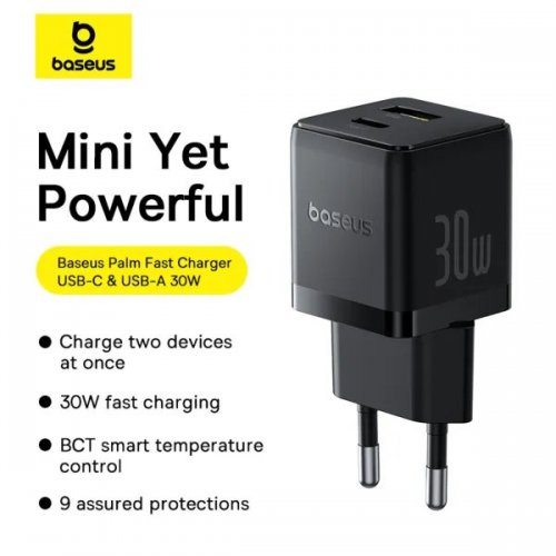 Сетевое зарядное устройство Baseus Palm USB + USB Type-C 30W + Cable USB Type-C to USB Type-C 60W 1m (P1011160A113-01) Black купить в Украине: Киев, Днепр, Харьков, Одесса  | Низкая цена, отзывы, характеристики от TELEMART фото