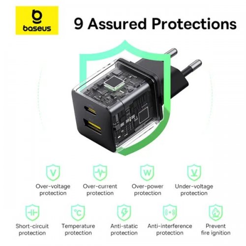 Сетевое зарядное устройство Baseus Palm USB + USB Type-C 30W + Cable USB Type-C to USB Type-C 60W 1m (P1011160A113-01) Black купить в Украине: Киев, Днепр, Харьков, Одесса  | Низкая цена, отзывы, характеристики от TELEMART фото