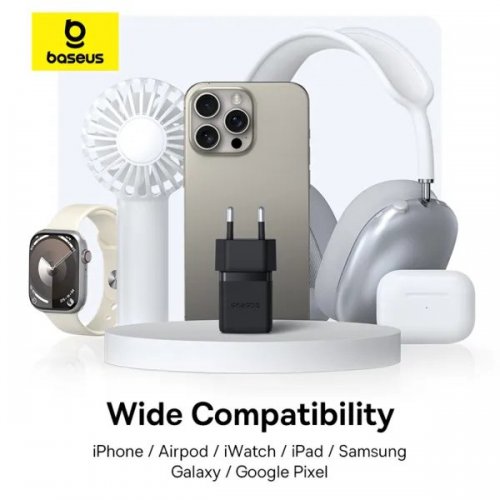 Сетевое зарядное устройство Baseus Palm USB + USB Type-C 30W + Cable USB Type-C to USB Type-C 60W 1m (P1011160A113-01) Black купить в Украине: Киев, Днепр, Харьков, Одесса  | Низкая цена, отзывы, характеристики от TELEMART фото