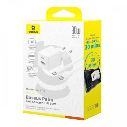 Сетевое зарядное устройство Baseus Palm USB + USB Type-C 30W + Cable USB Type-C to USB Type-C 60W 1m (P1011160A213-01) White купить в Украине: Киев, Днепр, Харьков, Одесса  | Низкая цена, отзывы, характеристики от TELEMART фото