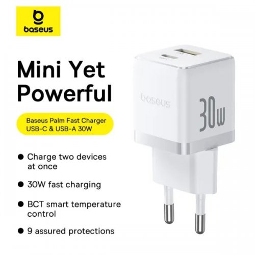 Сетевое зарядное устройство Baseus Palm USB + USB Type-C 30W + Cable USB Type-C to USB Type-C 60W 1m (P1011160A213-01) White купить в Украине: Киев, Днепр, Харьков, Одесса  | Низкая цена, отзывы, характеристики от TELEMART фото