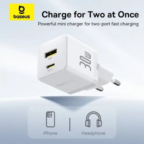 Сетевое зарядное устройство Baseus Palm USB + USB Type-C 30W + Cable USB Type-C to USB Type-C 60W 1m (P1011160A213-01) White купить в Украине: Киев, Днепр, Харьков, Одесса  | Низкая цена, отзывы, характеристики от TELEMART фото